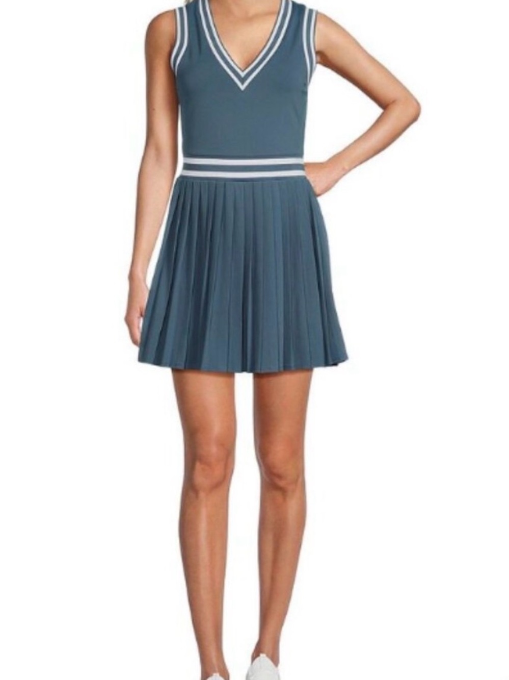 Antonio Melani Blue Pleated Tennis Dress  Preppy V Neck Tenniscore Large